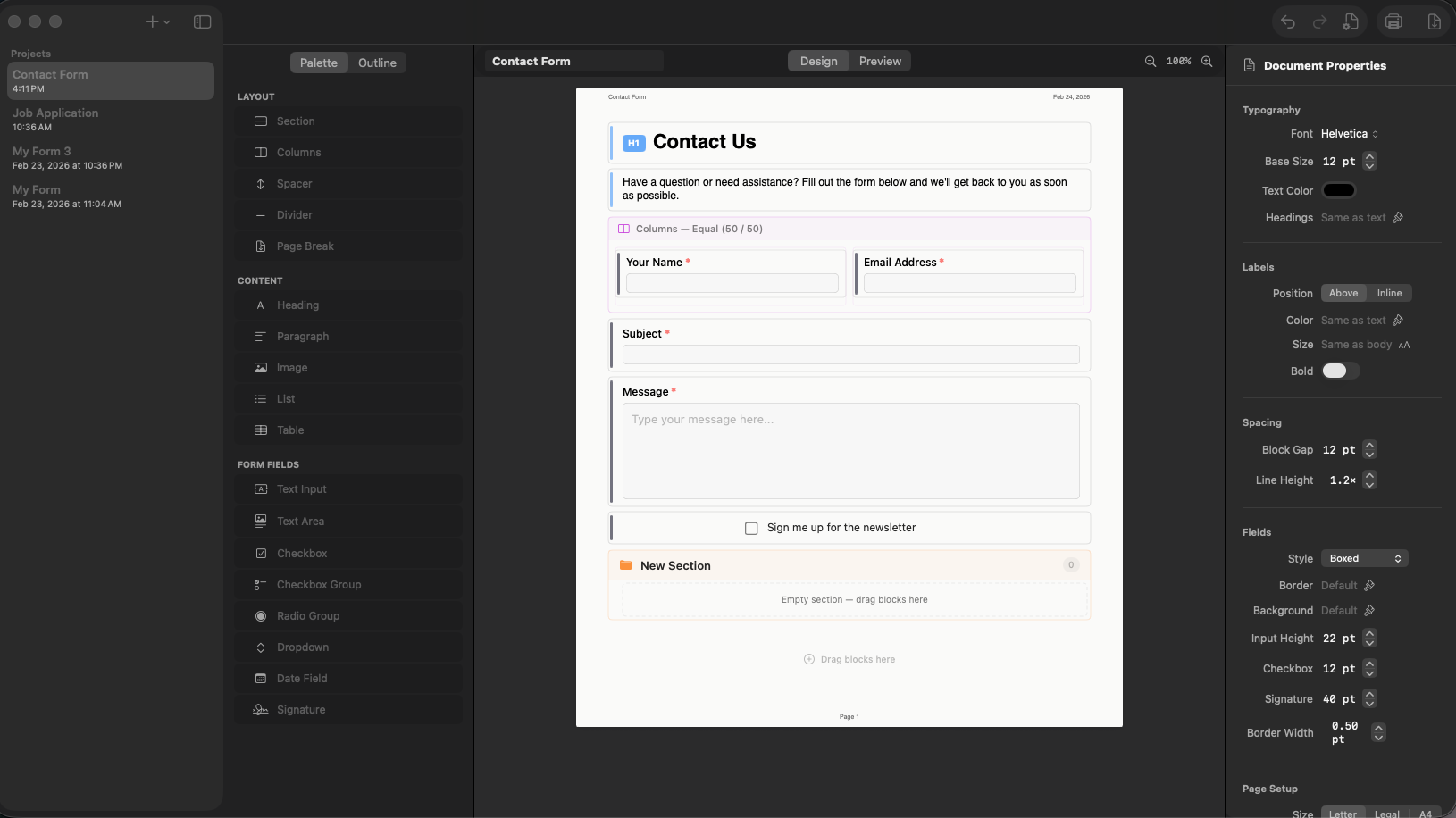 Platen form editor showing a contact form with text inputs, checkboxes, and sections in a three-pane layout